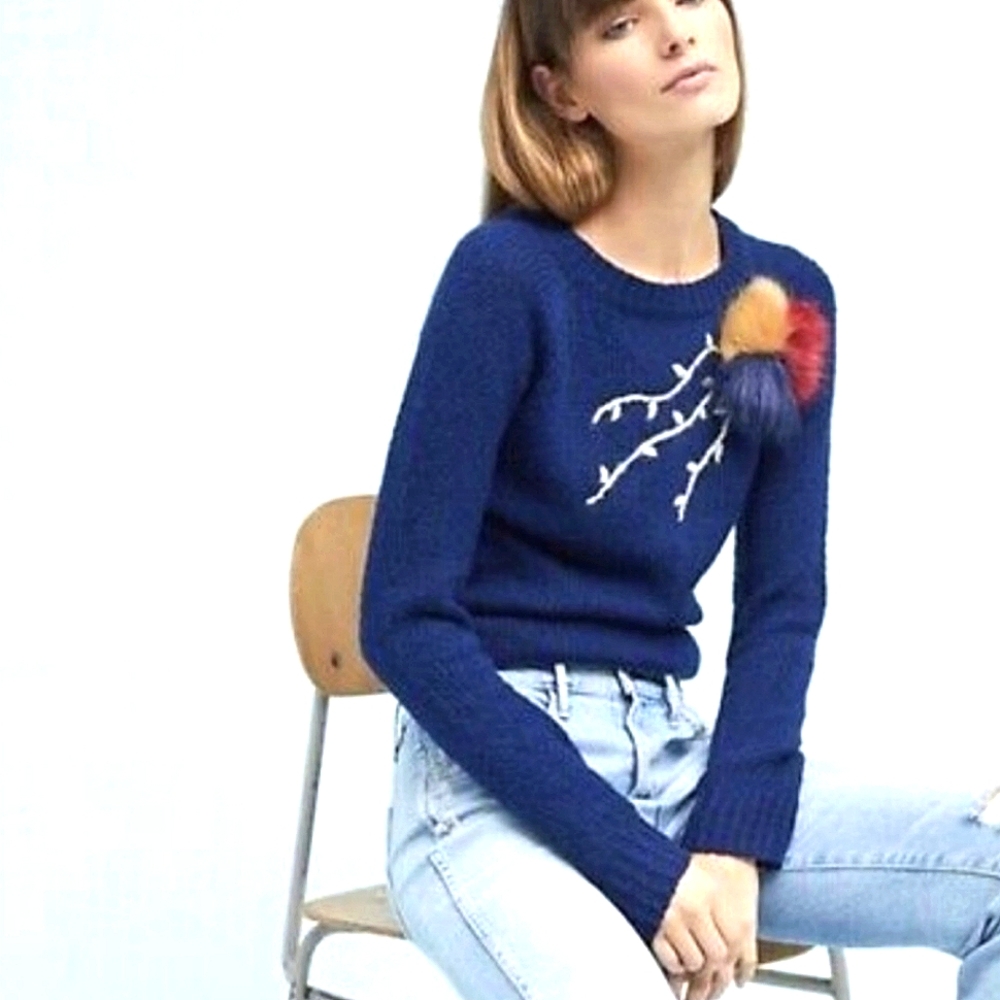 Field Flower Embroidered Floral Fur Pom Sweater XS NEW